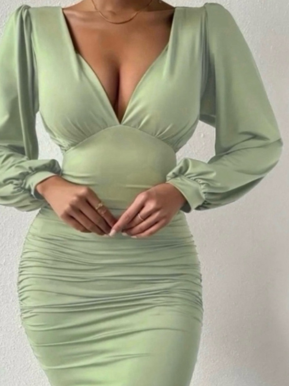 Sage Green Ruched V-Neck Bodycon Dress